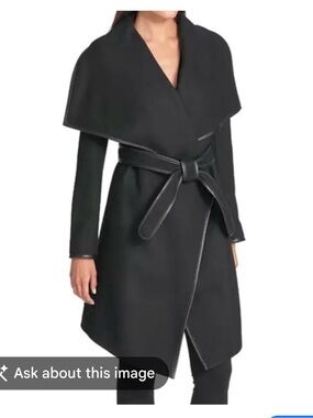 DKNY Black Wrap Coat with Leather Tie Belt